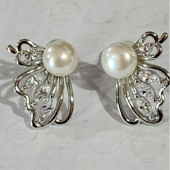 925S White Cultured Freshwater Pearl Butterfly Earrings - Picture 2 of 16